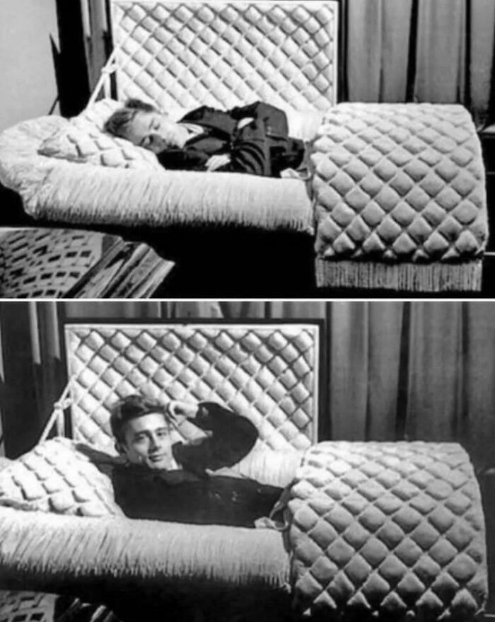 James Dean striking a haunting pose inside a coffin during a photo shoot - captured just seven months before his fatal car crash in September 1955.