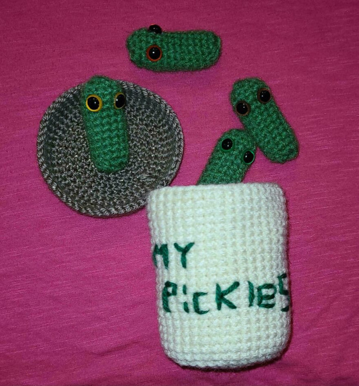 "My 12 Yr Old Requested A Crocheted Jar Of Pickles For A Friend's Birthday. I Did My Best!"