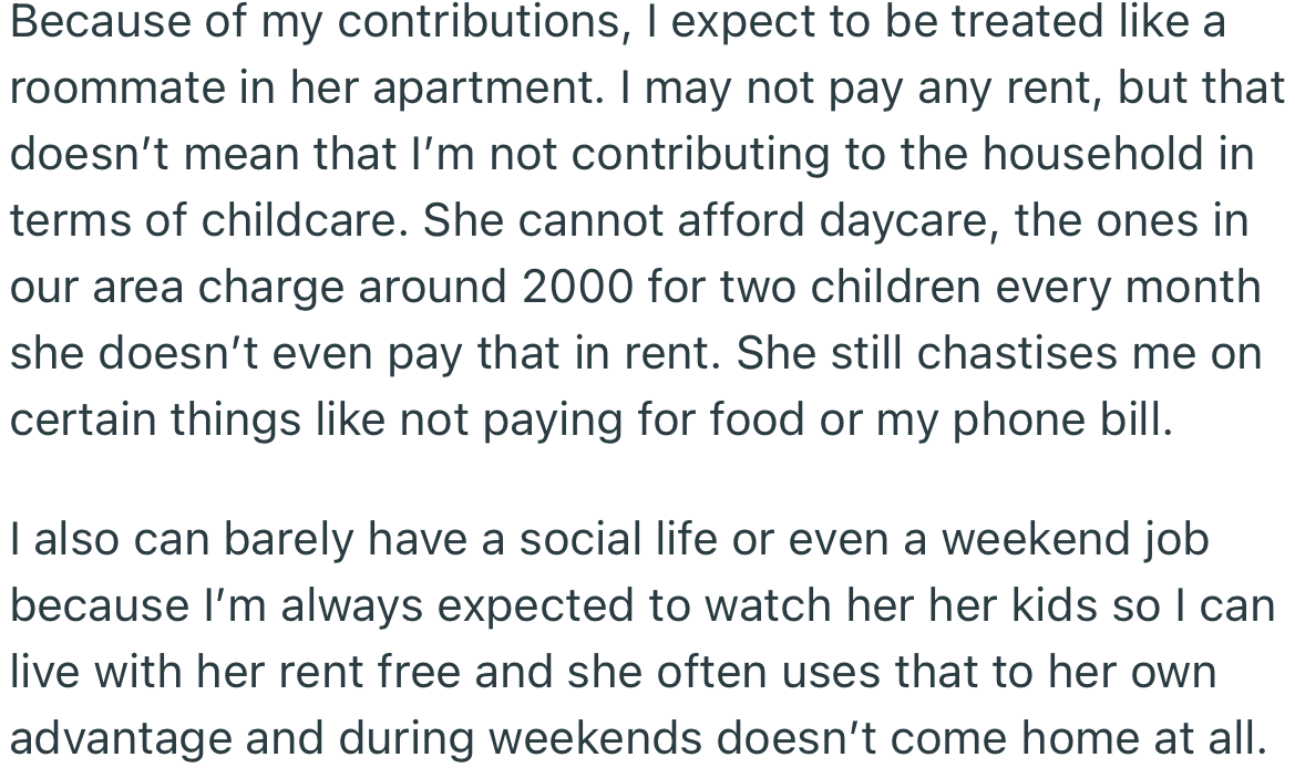 OP expects that if they’re contributing to bills, then their older sister should treat them like a roommate rather than a subordinate