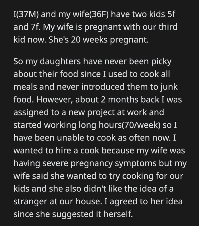 OP told his wife that no one forced her to cook. He suggested hiring a cook, which she rejected.
