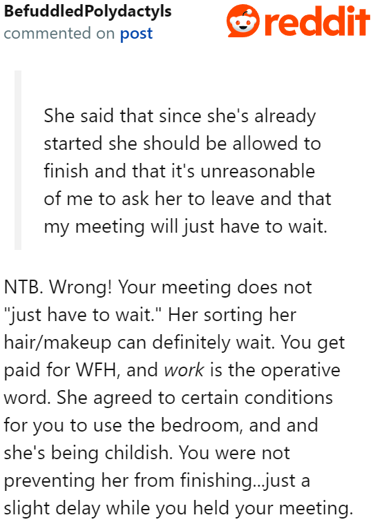 Important meetings cannot wait. It's the girlfriend who should get out of the room.