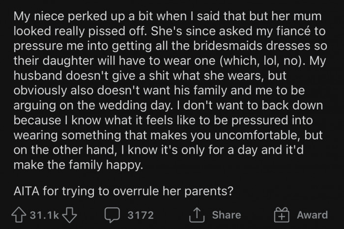 OP's niece appreciated being offered choices, but her mother didn't want her to have any.