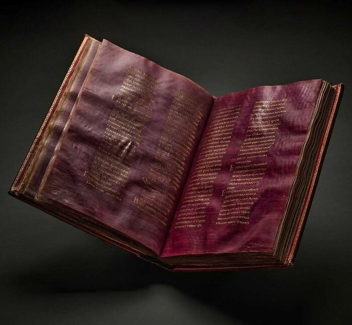 A 1,000-year-old manuscript from a Benedictine Abbey in Trier, Germany, written in gold ink on purple-dyed parchment by roughly 16 scribes. Today, it is housed at the Morgan Library & Museum in New York.