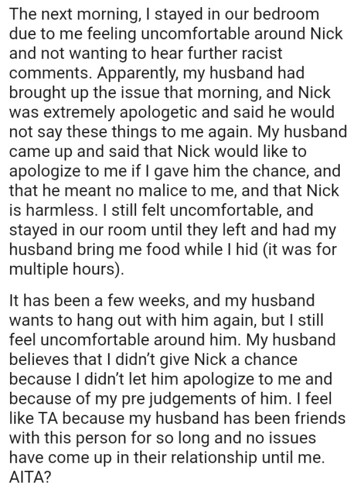 OP feels like the AH because her husband has been friends with this person for so long