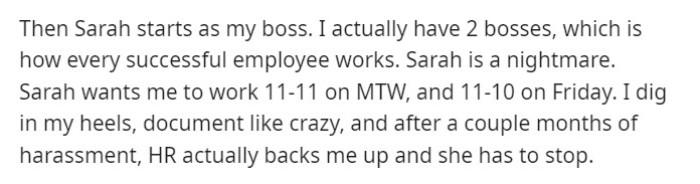Sarah is a nightmare and she wants the OP to work long hours
