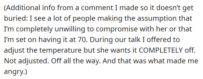 The OP added that her roommate wants the AC completely off; adjusting the temperature is not an option: