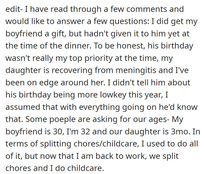 Juggling her daughter's recovery and work, she unintentionally downplayed her boyfriend's birthday, assuming he'd understand, leaving her feeling misunderstood.
