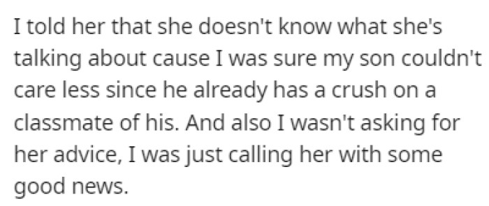 OP's sister didn't like this idea since there was a chance that his son had a crush on the teacher