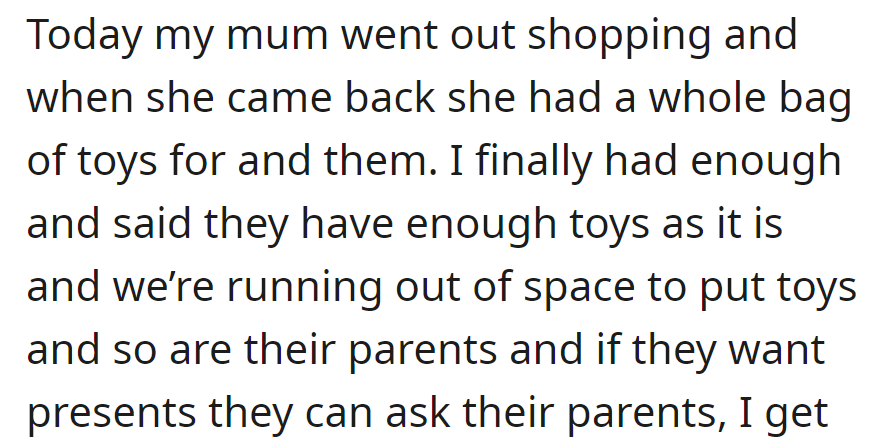 Mom bought nephews more toys; OP urged them to ask their parents for gifts due to limited space and existing toys.