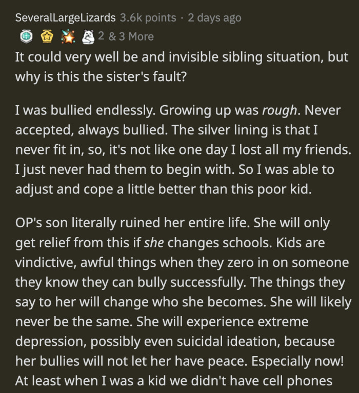 None of what happened is the daughter's fault. Her trauma was left at the table for her peers to pick apart and it's her brother's fault.