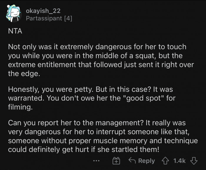The woman could've put OP in danger after touching her mid-workout.