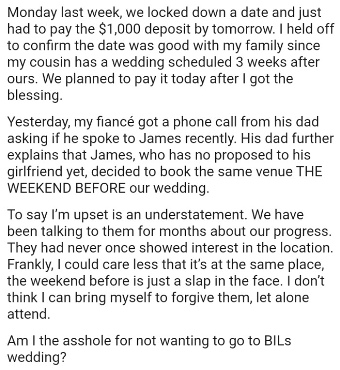 OP's brother-in-law, who has not yet proposed to his girlfriend, decided to book the same venue the weekend before their wedding