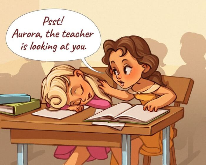 13. Aurora always falls asleep in class.