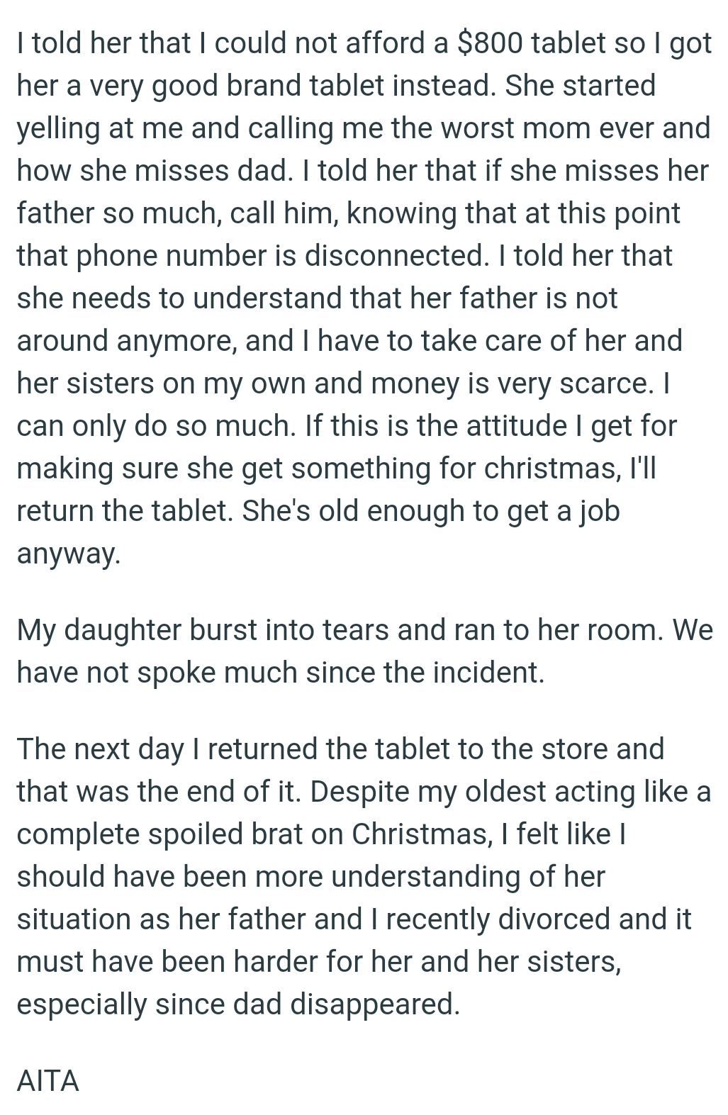OP's Daughter Burst Into Tears and Ran to Her Room After the OP Responded to Her