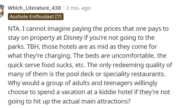 This person provided insight into what it might be like to stay at a Disney hotel without even attending the Disney parks.