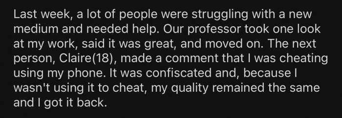 OP was accused of cheating after her professor liked her art.