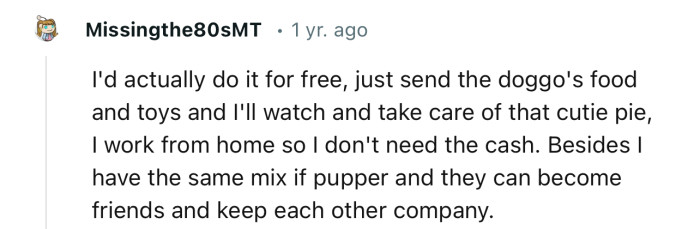 “I'd actually do it for free; just send the doggo's food and toys, and I'll watch and take care of that cutie pie.”