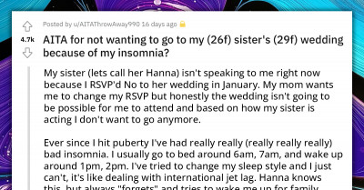Insomniac Refuses To Attend Her Sister's Wedding That Starts At 10 AM Because Of Her Unusual Sleep Schedule