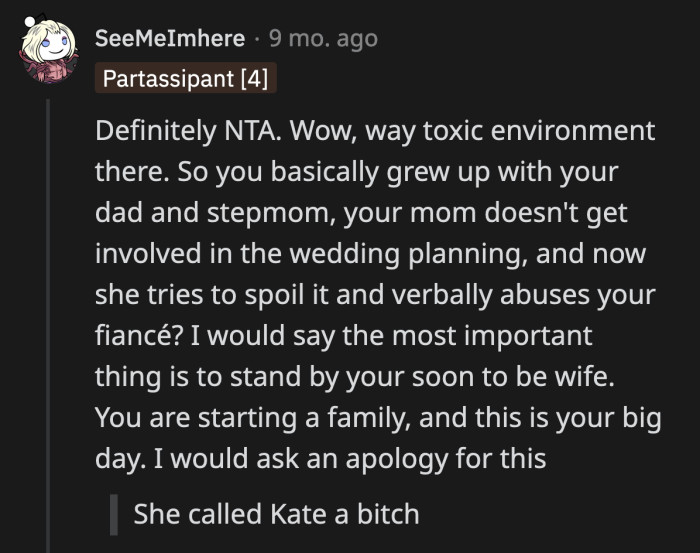 They advised OP to stay away from the drama and focus on wedding planning with Kate.