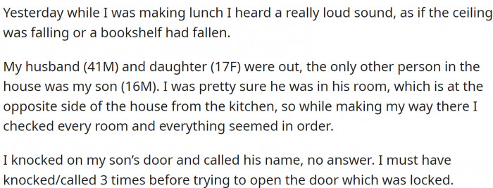 OP was making lunch when she heard a loud sound, like something falling.