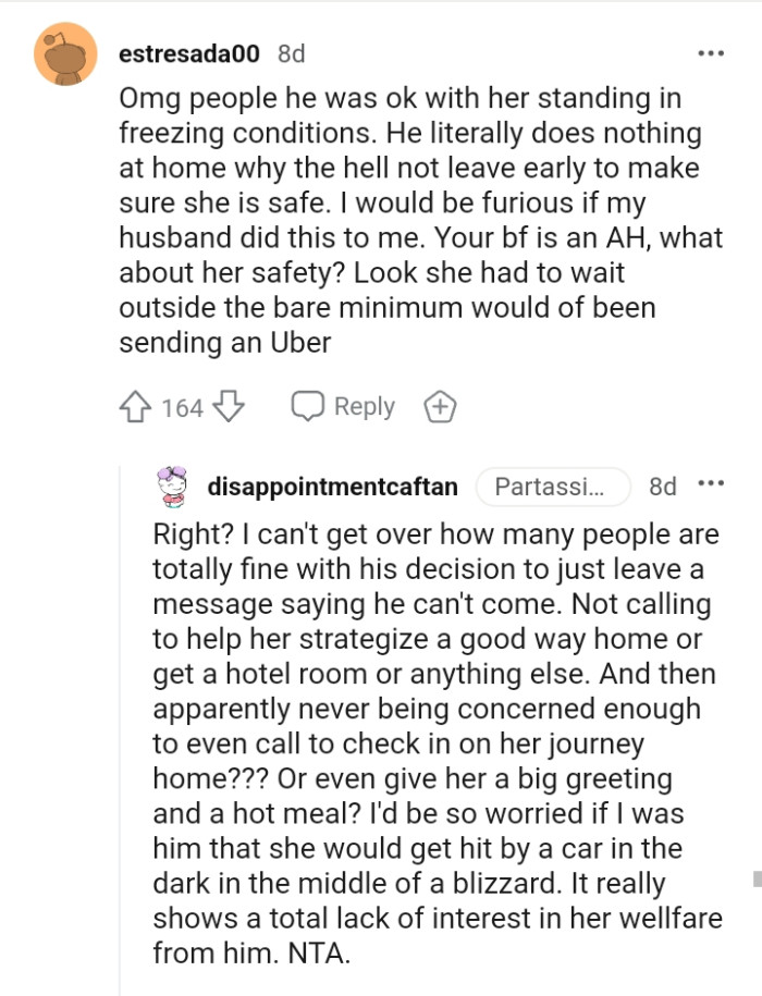 She had to wait outside the bare minimum