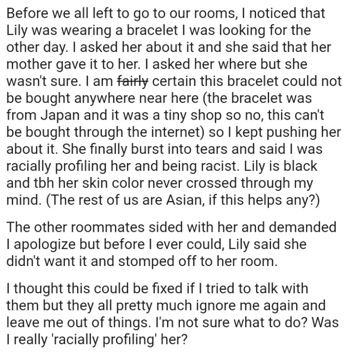OP's roommate finally burst into tears and accused her of racial profiling and being racist