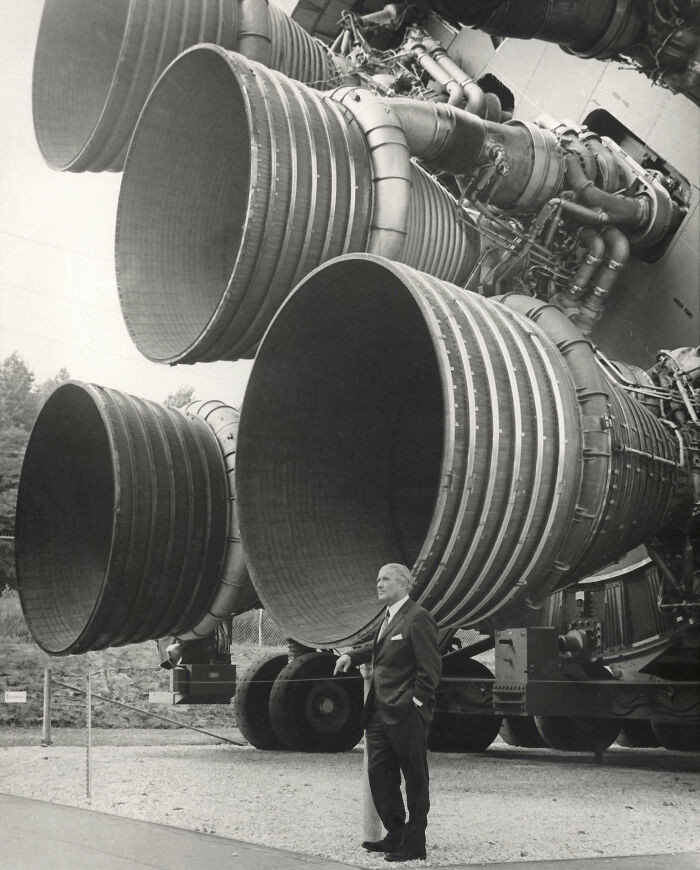 "Wernher Von Braun With Saturn V Engines"
