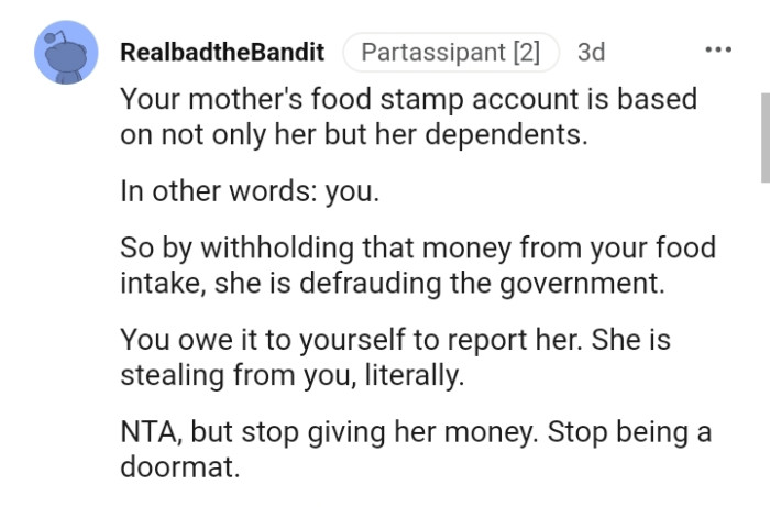 The OP owes it to herself to report her mom to the appropriate authorities