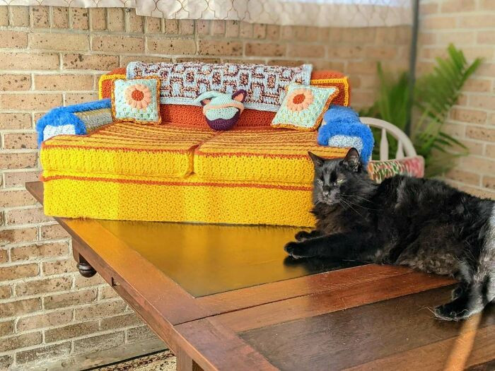 3. Couch I Made Specifically For My XL Sized Cat. Most Cat Furniture Is Too Small For Him, So I Made It Complete With Pillows, Blanket, Eye Mask And A Nightcap! Please Enjoy!