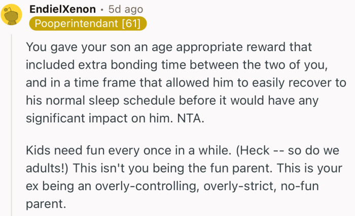 “This is your ex being an overly-controlling, overly-strict, no-fun parent.”
