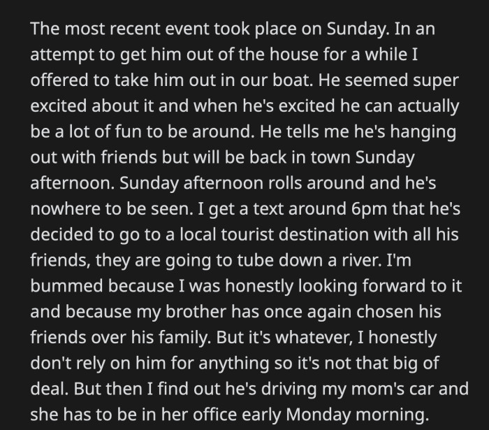 Then OP Found Out That Her Brother Used Their Mom's Car. Their Mom Needed Her Car for Work by Monday.