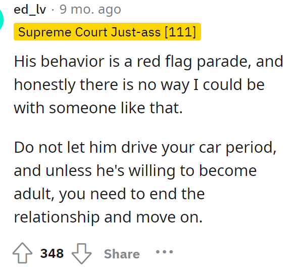 The partner should definitely not be driving her car, though; that's something that everyone in the comments agreed on.