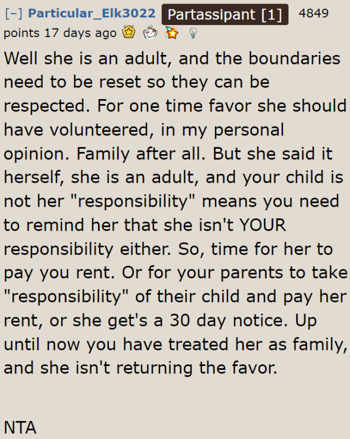 The younger sister shouldn't be talking about responsibility; after all, she fails at being a responsible family member.