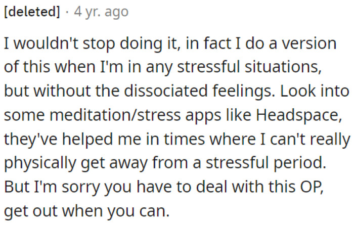 OP could consider trying meditation or stress apps like Headspace