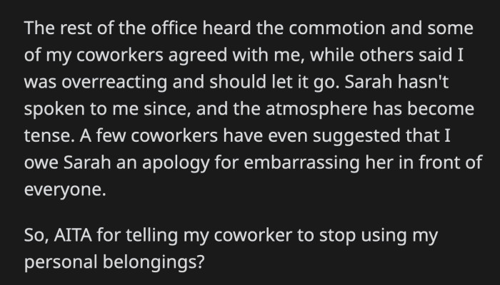 Should OP apologize for embarrassing Sarah in front of their colleagues?