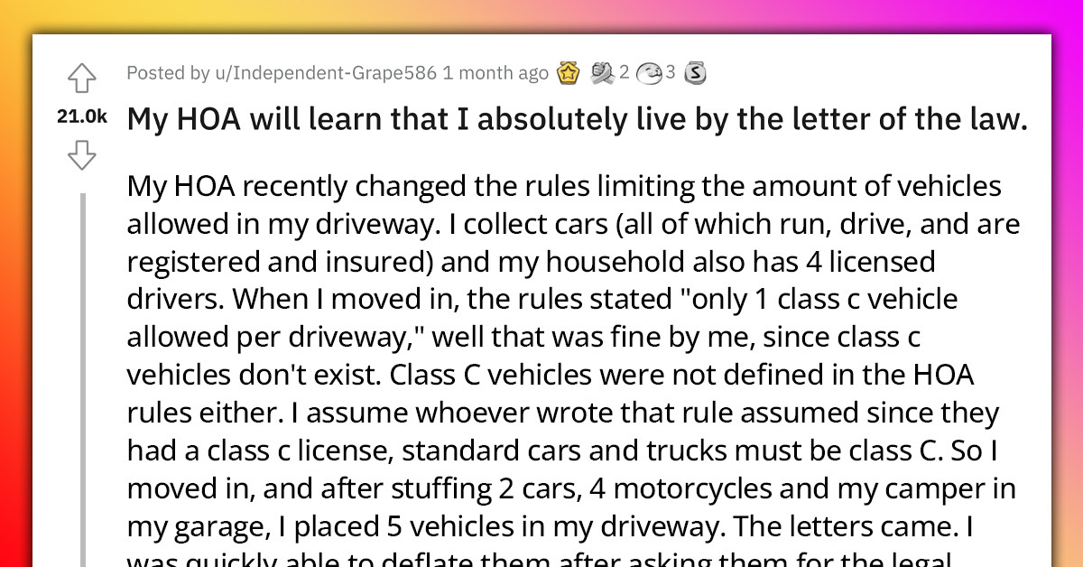 Homeowner Complies Maliciously With HOA Restrictions On The Limited Number Of Cars Allowed In The Driveway