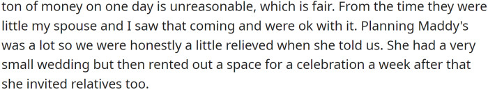 Jess, however, wanted something more low-key, which matched her personality better. She opted for a smaller wedding and a reception a week later, to which she invited relatives as well.