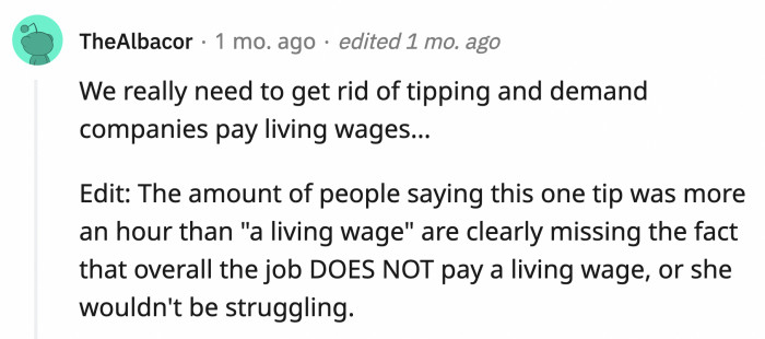 If the delivery person in OP's story was paid more, she wouldn't have to worry about getting tips