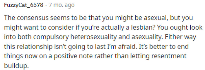 Many of the people in the comments were telling her to break up with her boyfriend because if there's no attraction, then neither of them will be happy in the relationship.