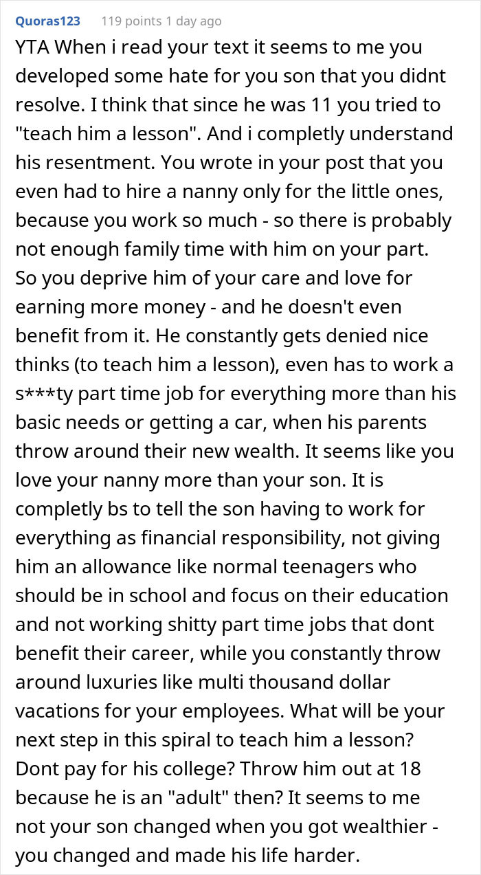 But other Redditors judged OP and her husband and saw this latest lesson as just another in a series of bad ones.