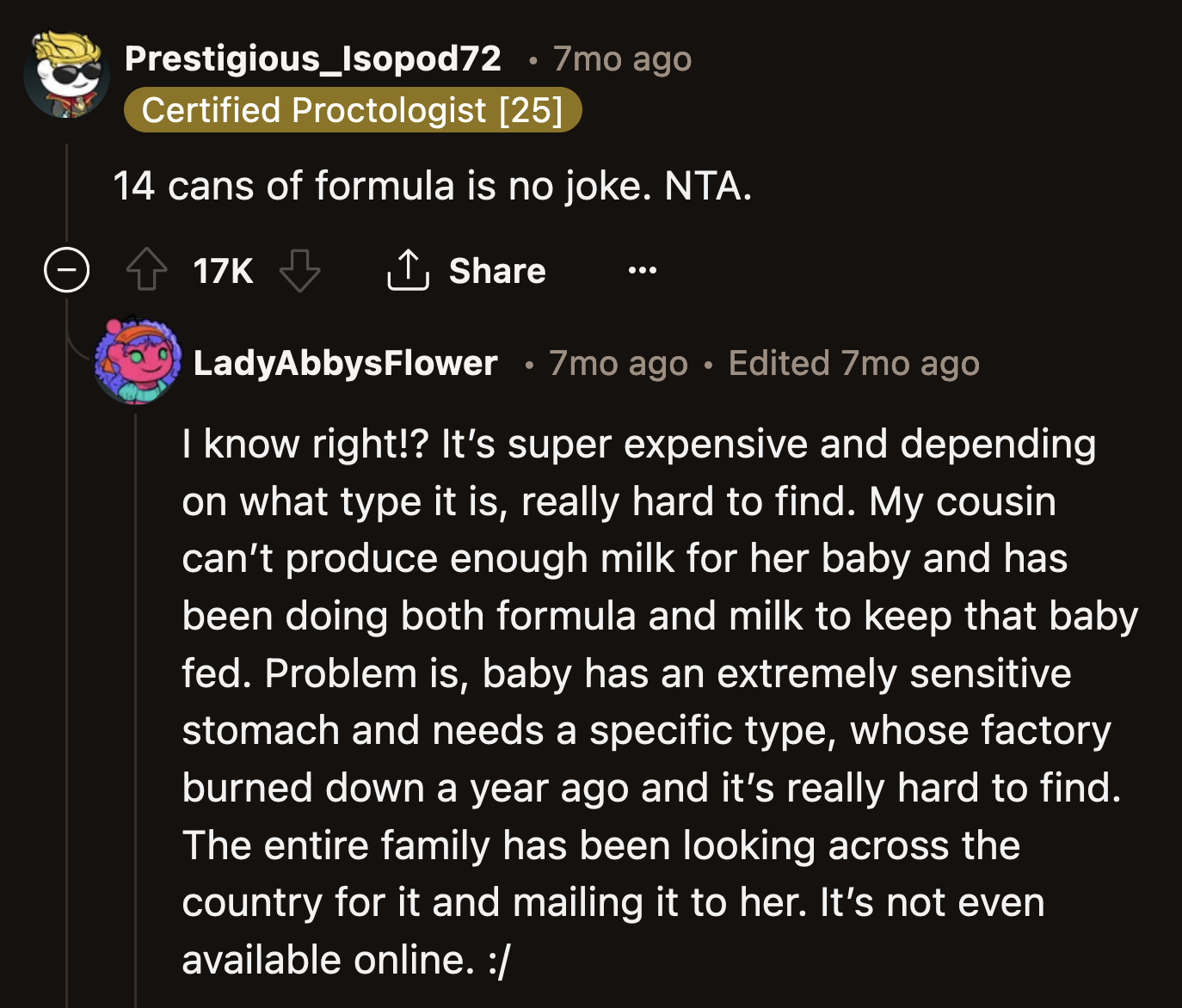 Others understood where OP's anxiety was coming from. They know how expensive a baby's formula is.