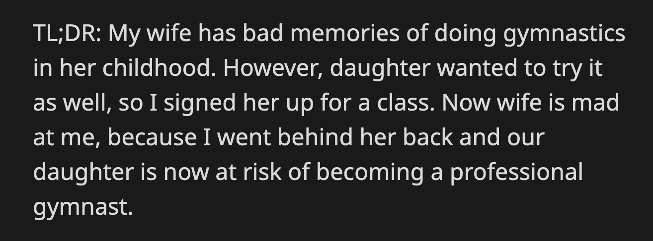 However, she acknowledged their daughter's genuine excitement over gymnastics and felt it would be unfair to stop her from attending.
