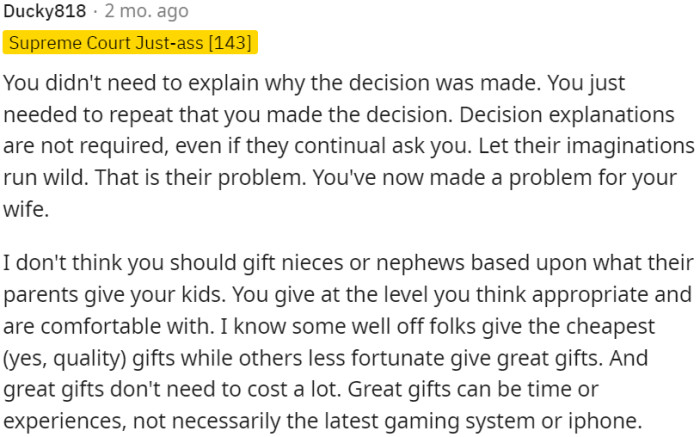 OP should give gifts based on his own judgment and comfort level, not in response to others' actions
