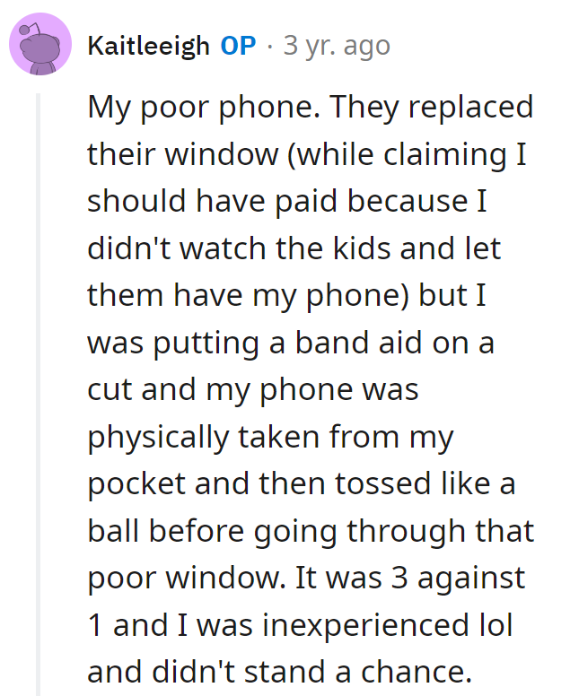 Her phone played superhero, got tossed in 3 vs. 1 chaos, and they expected her to foot the bill for not being a babysitting Avenger!