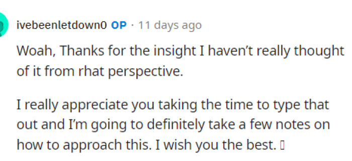 OP was very open to feedback and was taking advice left and right.