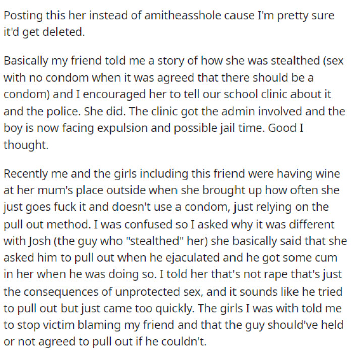 OP begins her post by explaining the situation that happened with her friend and the guy who was being accused of all of this before the truth came out.
