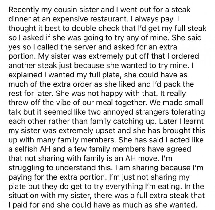But recently, the OP and their cousin went out for dinner at a nice restaurant.