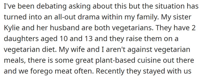 The OP said his sister's family prefers a vegetarian diet, and he has nothing against that choice.