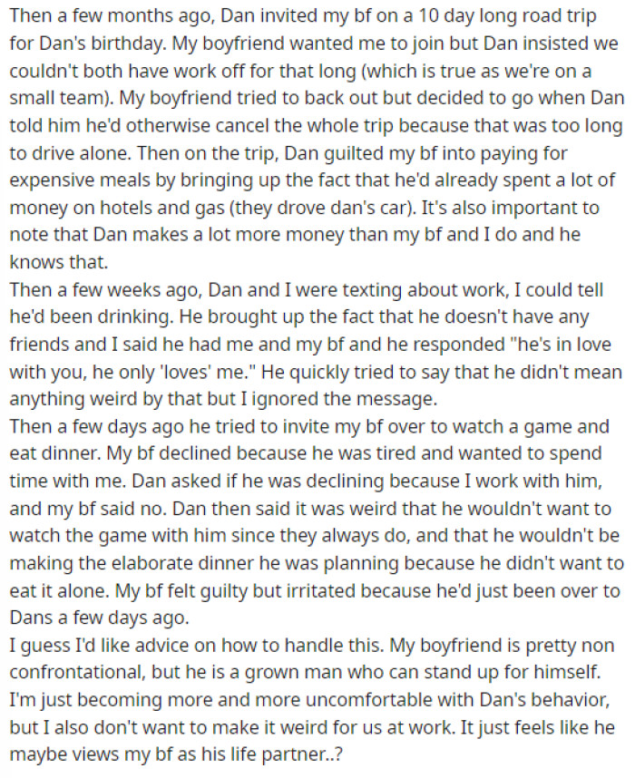 This is when things actually get pretty weird, and she starts noticing the things that this friend is saying about her boyfriend. We can imagine that this is making everything awkward.