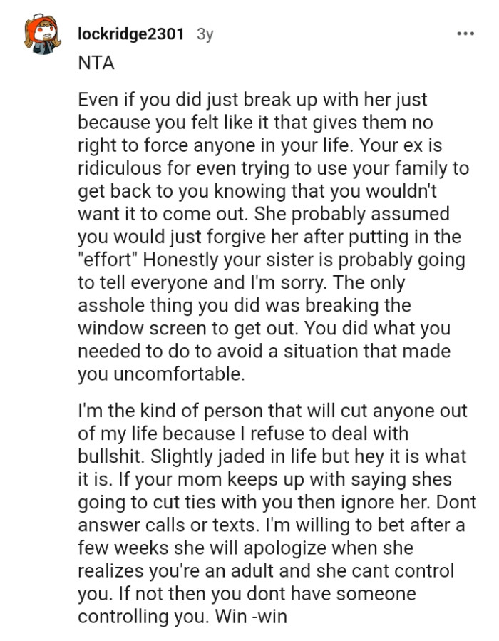 Your ex is ridiculous for trying to use your family